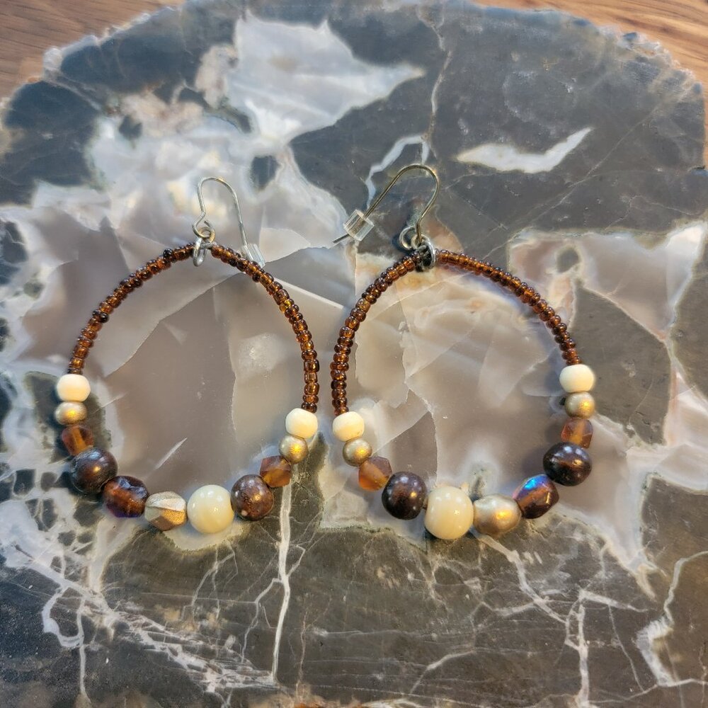 Boho Warm Brown Beaded Hoop Earrings - Picture 5 of 8